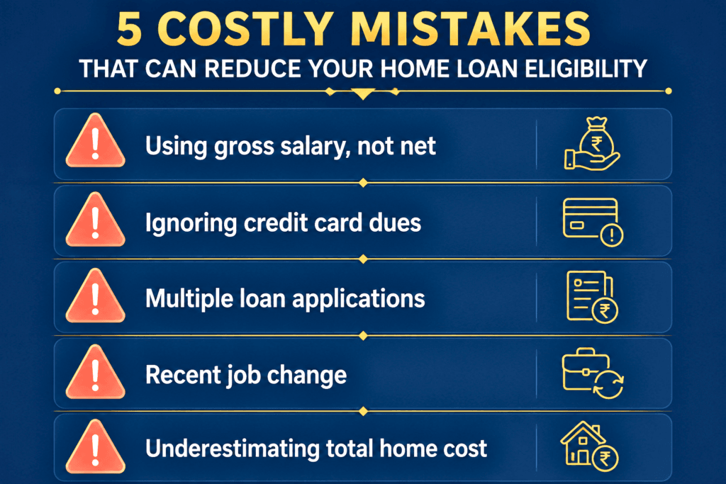 Checklist illustration of five common mistakes that reduce home loan eligibility including using gross salary and multiple loan applications