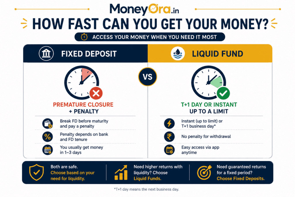 FD vs liquid fund liquidity speed comparison redemption time India