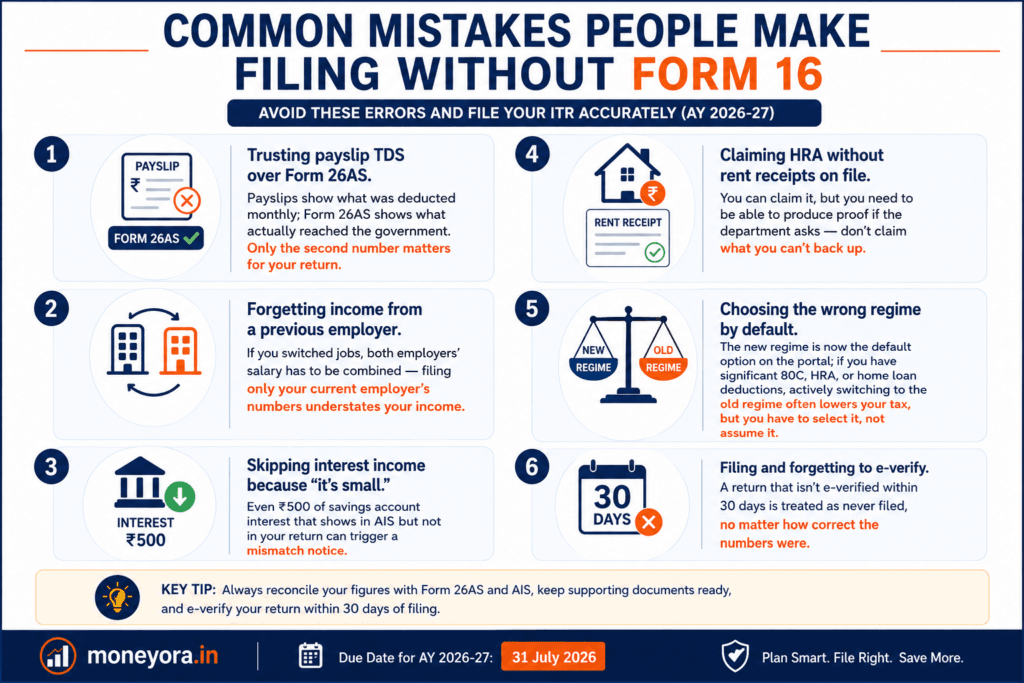 Infographic highlighting common mistakes when filing an Income Tax Return without Form 16, including TDS mismatch with Form 26AS, missing previous employer income, unreported interest income, incorrect HRA claims, choosing the wrong tax regime, and failing to e-verify the return.