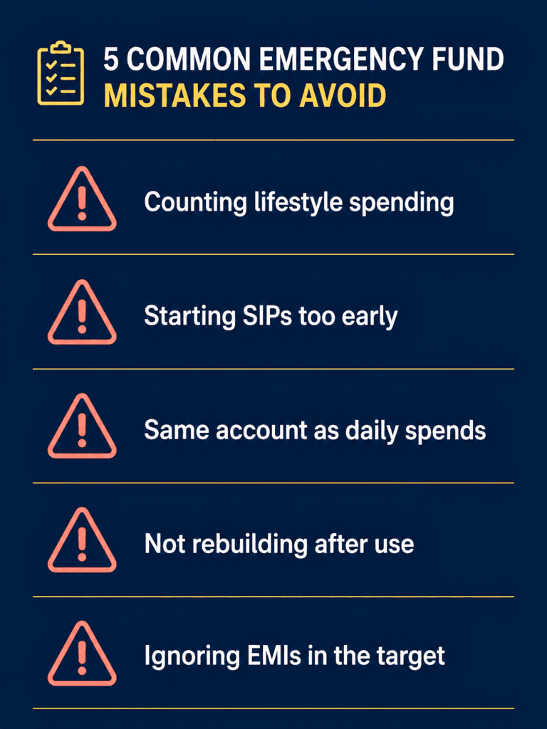 Illustration listing five common emergency fund mistakes including counting lifestyle expenses and starting SIPs too early