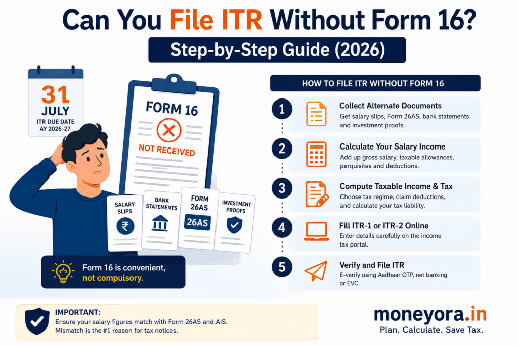 Can You File ITR Without Form 16? explaining how to file Income Tax Return (ITR) without Form 16 in India for AY 2026–27, including required documents, salary calculation, tax filing steps, and e-verification process.