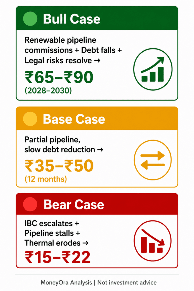 reliance power share bull case bear case price target 2026 scenario analysis