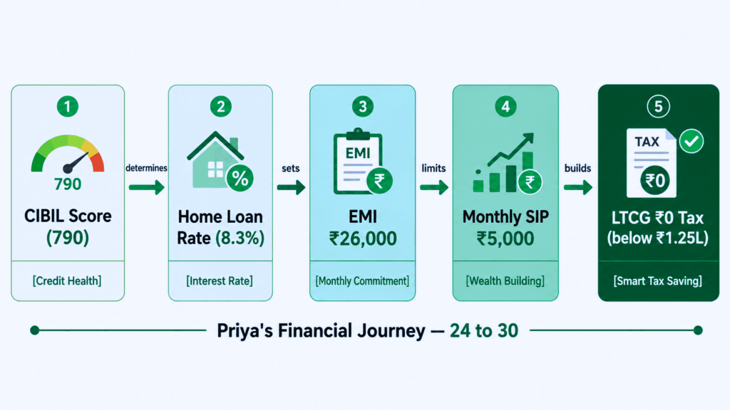 financial terms connected chain India personal finance journey CIBIL EMI SIP LTCG