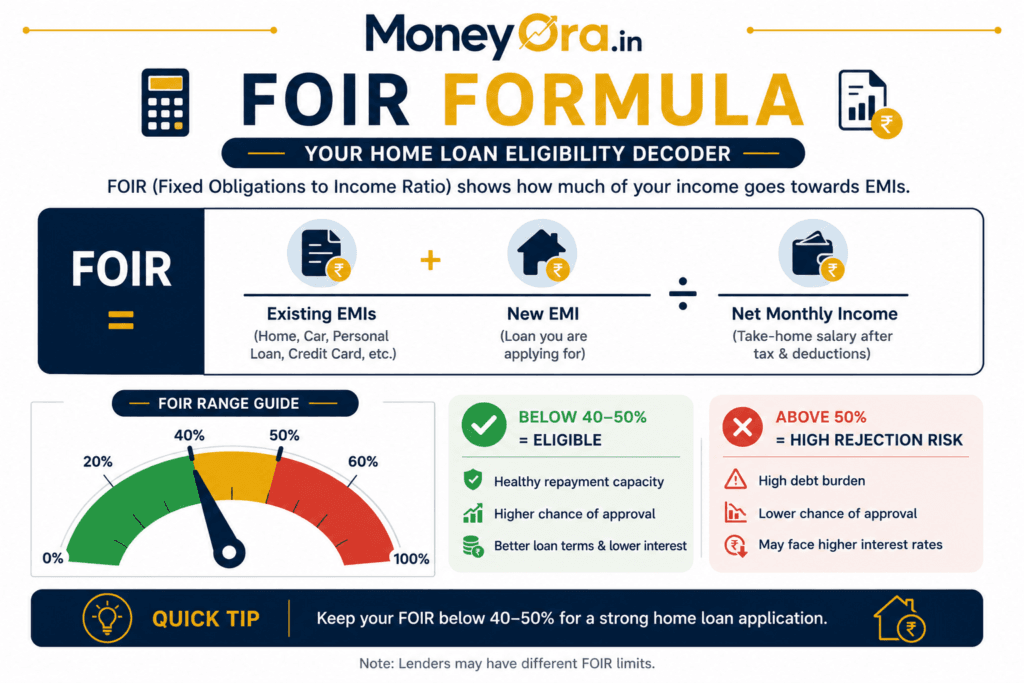 personal loan eligibility FOIR formula infographic fixed obligation to income ratio India