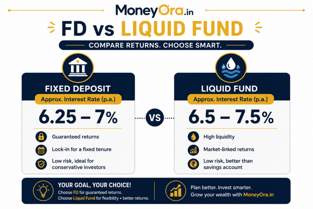 FD vs liquid fund returns comparison chart India 2026 interest rate percentage