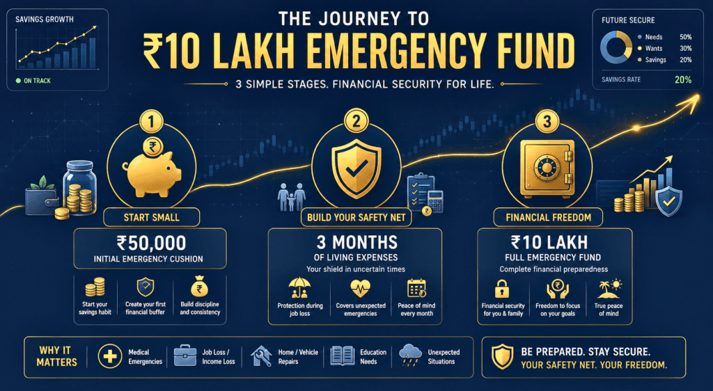 three-phase roadmap to build a ₹10 lakh emergency fund in India, from ₹50,000 starter buffer to full target