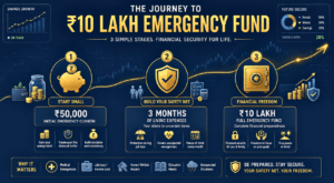 three-phase roadmap to build a ₹10 lakh emergency fund in India, from ₹50,000 starter buffer to full target