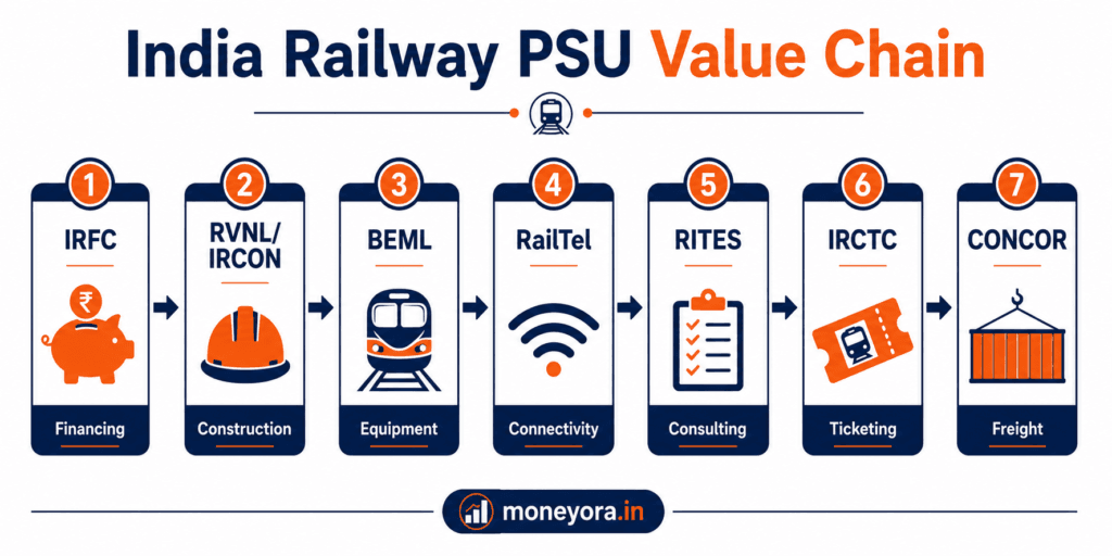 Infographic showing Indian Railway PSU value chain from financing IRFC to construction RVNL IRCON to equipment BEML to ticketing IRCTC to logistics CONCOR to telecom RailTel and consulting RITES
