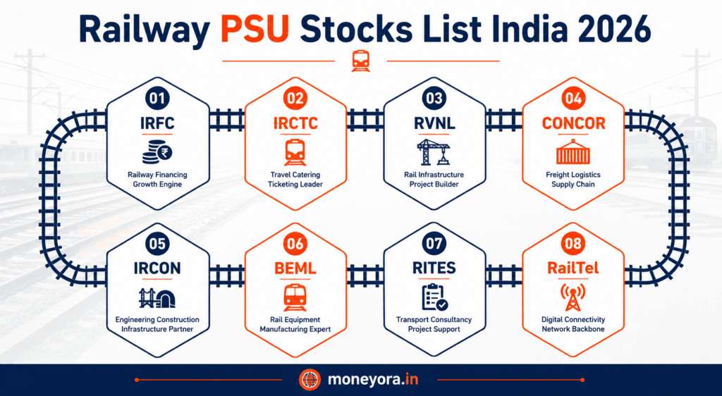 Railway PSU Stocks List India 2026 — IRFC, RVNL, IRCTC and other listed government railway companies on NSE BSE