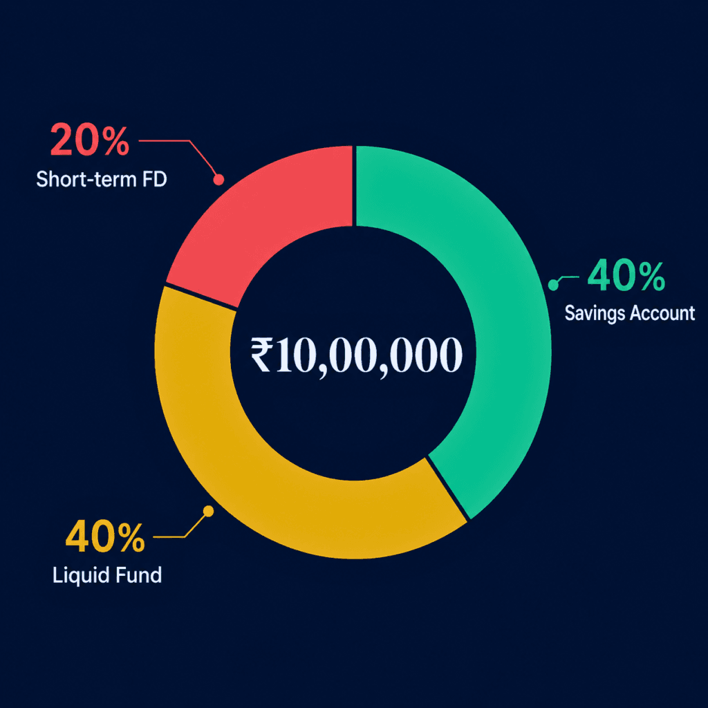 Donut chart showing ideal 40 percent savings account, 40 percent liquid fund, 20 percent short-term FD split for an emergency fund
