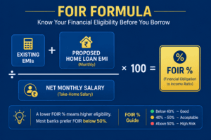 Diagram explaining the FOIR formula banks use to calculate home loan eligibility based on salary and existing EMIs