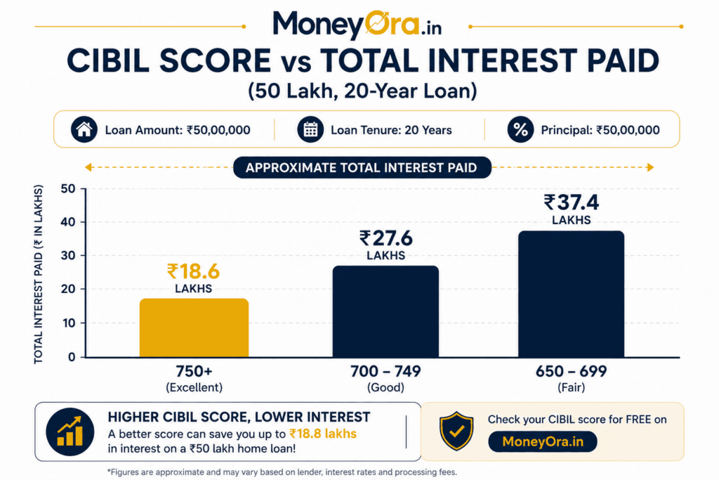 CIBIL score vs home loan interest rate cost difference chart 50 lakh loan India