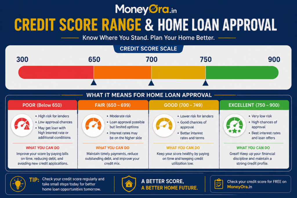 CIBIL score for home loan approval chart showing 750 700 650 score bands India