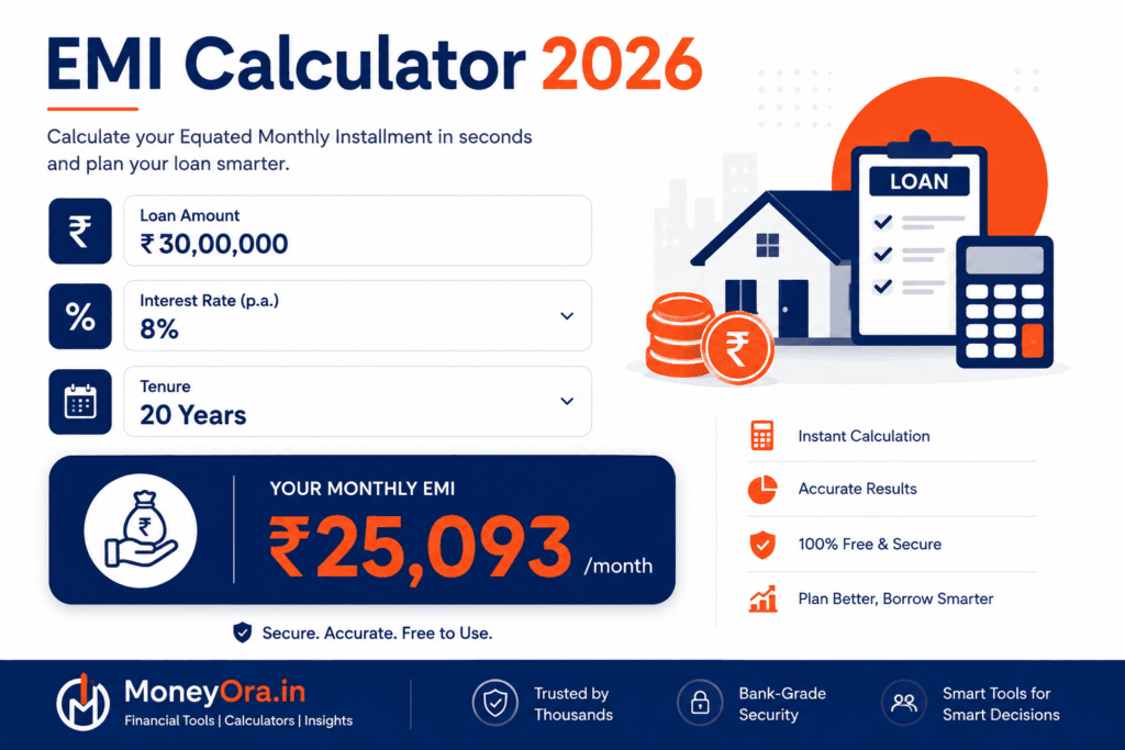 EMI Calculator 2026 showing loan amount interest rate and tenure inputs for home car and personal loan EMI calculation in India