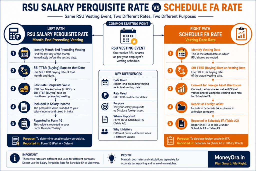 Comparison showing RSU exchange rate for salary perquisite differs from the Schedule FA exchange rate for the same vesting event