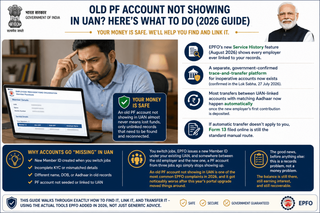 Old PF Account Not Showing in UAN : Indian employee searching for an old PF account missing from their UAN on the EPFO portal