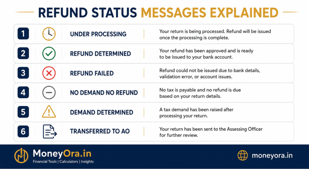ITR Refund Status Check messages decoded refund failed determined no demand