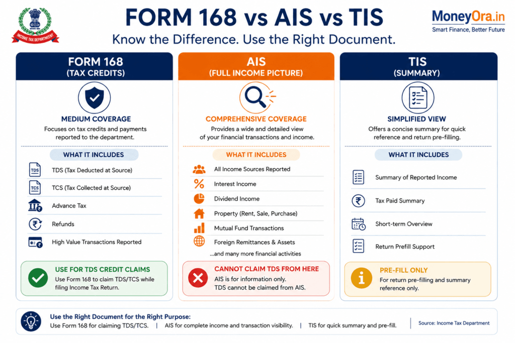 Comparison table showing differences between Form 168 Form 26AS AIS and TIS for Indian income tax filing
