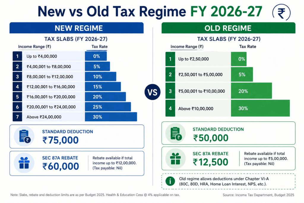 New vs old tax regime FY 2026-27 comparison chart showing tax slabs and savings for Indian salaried employees