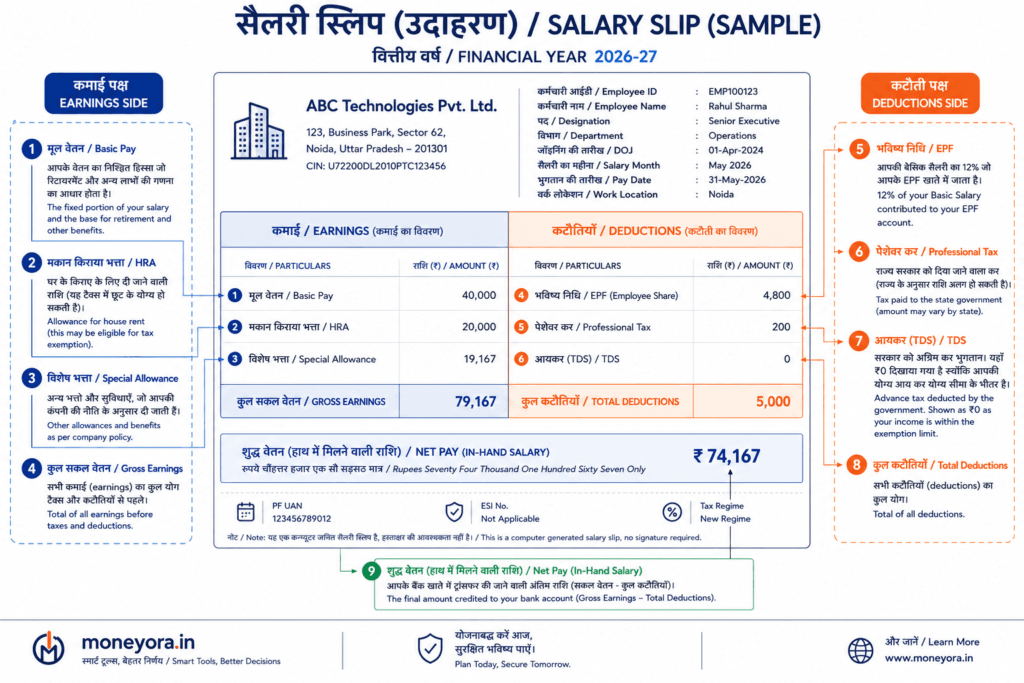 "Sample Indian salary slip for FY 2026-27 annotated with explanations for every line item including Basic, HRA, EPF, TDS and net pay"