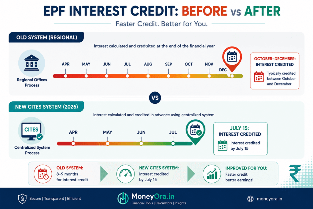 EPF interest credit status timeline comparison old regional system vs new CITES platform 2026