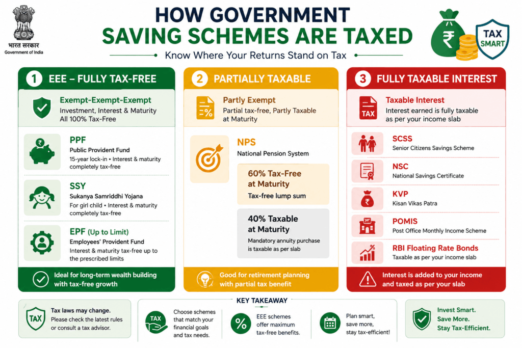 "Tax treatment comparison of government saving schemes in India - EEE tax-free, partially taxable and fully taxable interest categories"