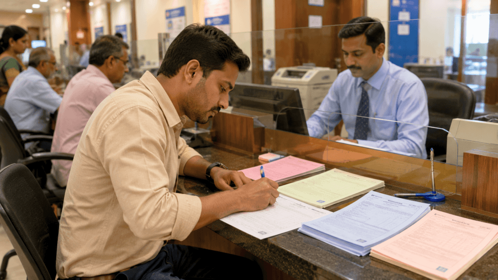  "Indian bank customer filling banking forms at branch counter including KYC and account opening forms"