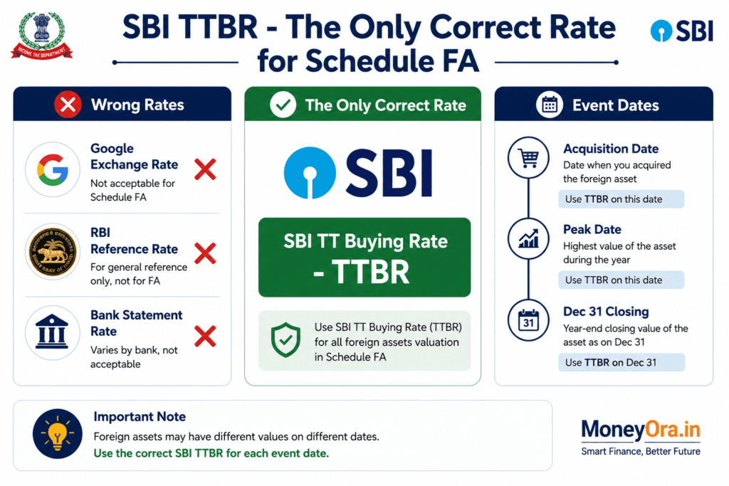 Chart explaining SBI Telegraphic Transfer Buying Rate (TTBR) for foreign assets disclosure in ITR Schedule FA