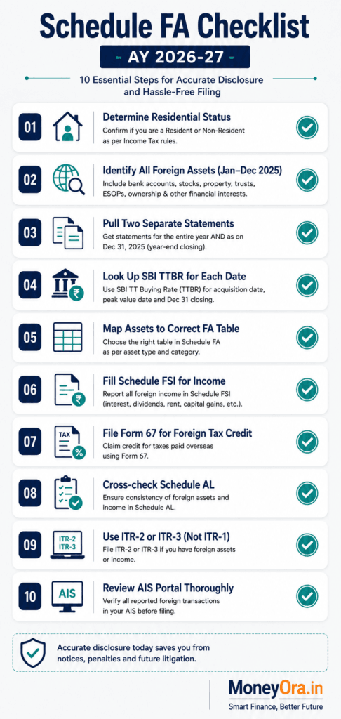 Step-by-step checklist for foreign assets disclosure in ITR Schedule FA AY 2026-27