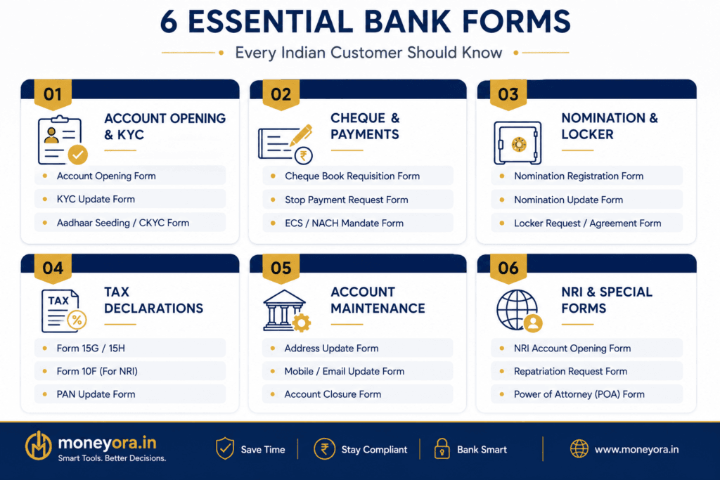 "Six categories of bank forms India organized by purpose — account opening, payments, nomination, tax, maintenance and NRI forms"