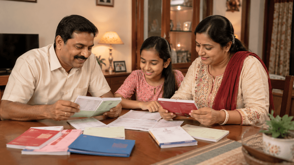 "Indian family reviewing government saving scheme passbooks including PPF, SSY and post office certificates"
