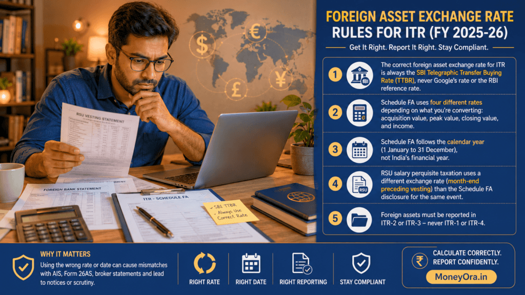 Indian taxpayer calculating foreign asset exchange rate for ITR Schedule FA filing