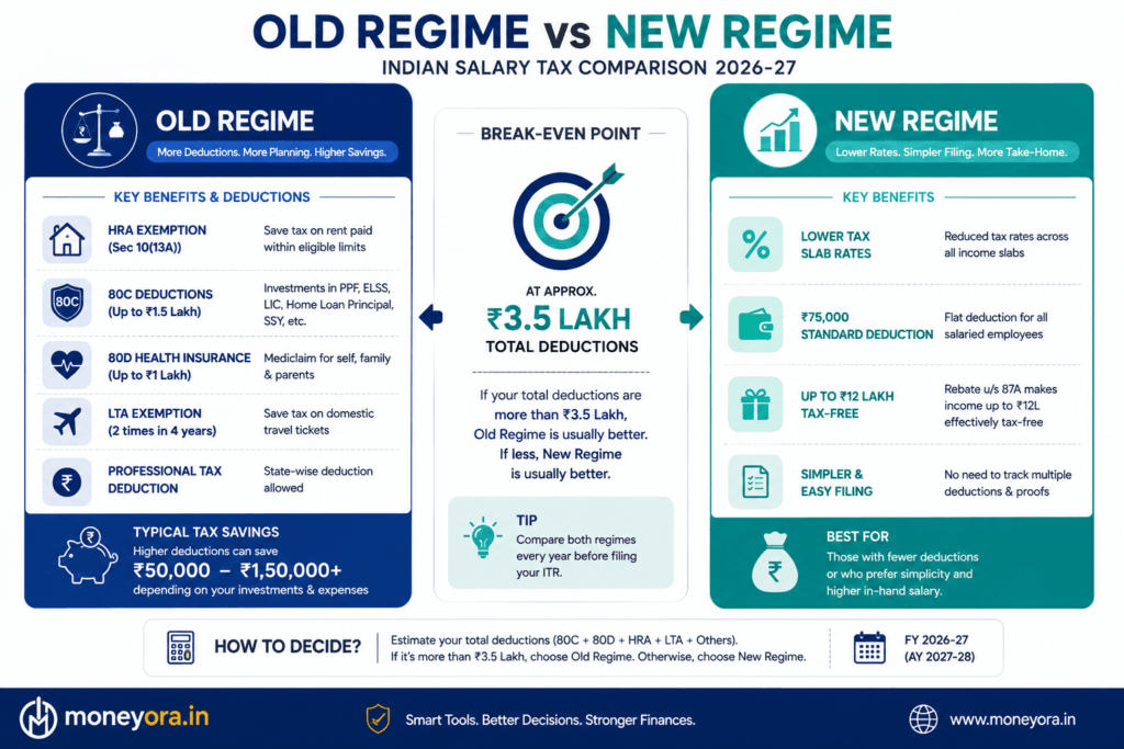"Old vs New Tax Regime comparison for salaried employees India 2026-27 showing deductions, slab rates and break-even point"
