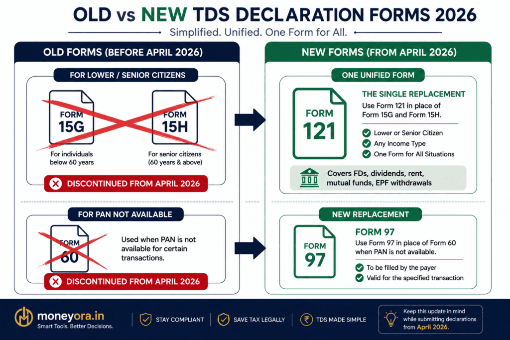 "Form 15G and Form 15H replaced by Form 121, Form 60 replaced by Form 97 from April 2026 for Indian bank customers"