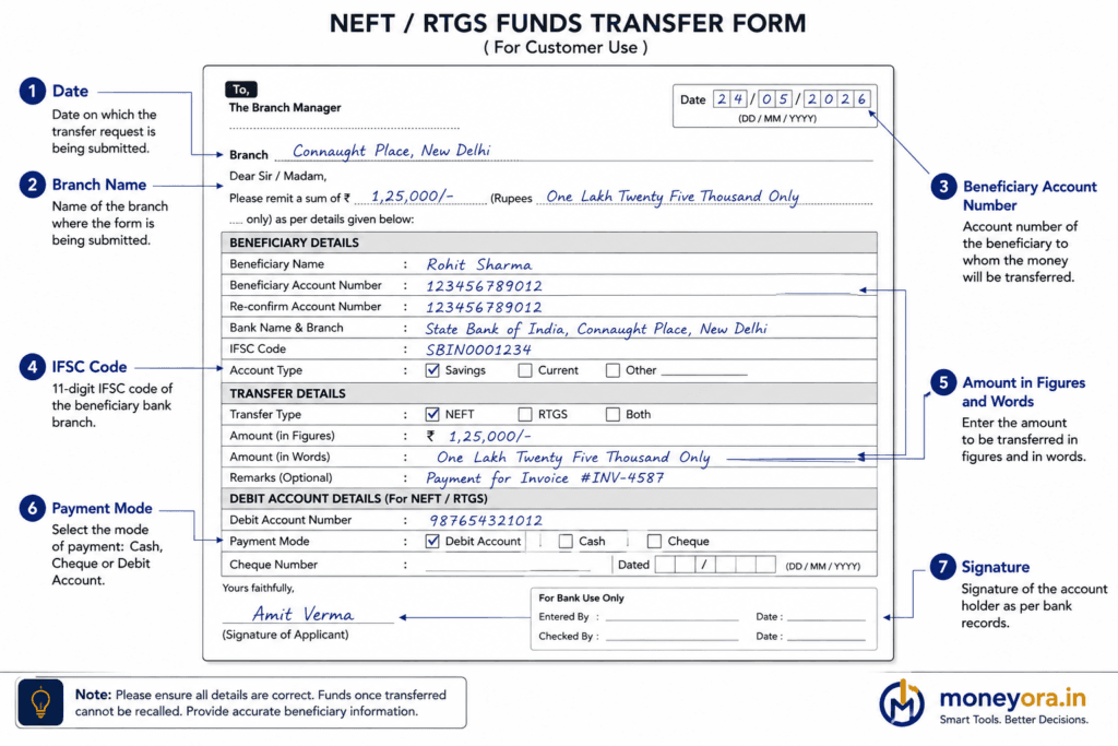 "Annotated NEFT RTGS bank form India showing how to fill each field correctly"