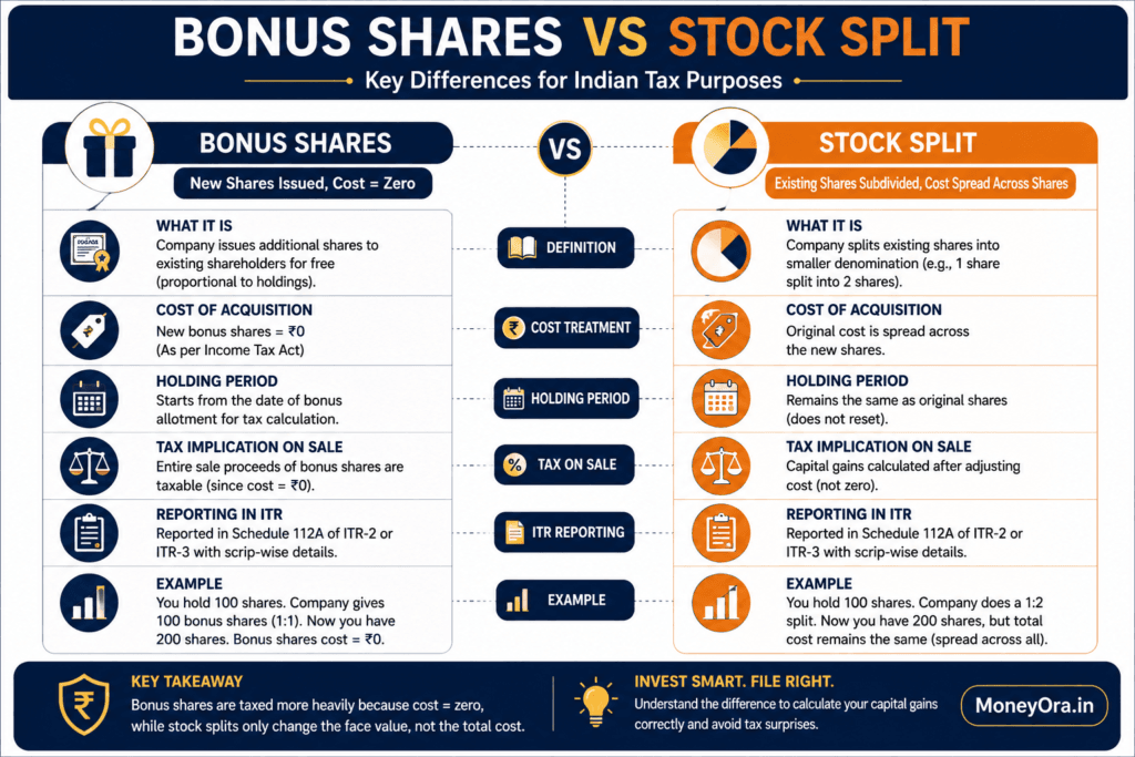 Comparison infographic showing the tax treatment difference between bonus shares and stock splits in India