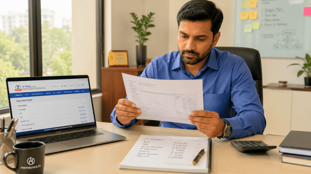 "Indian employee reading salary slip to understand CTC, gross salary, net pay, PF and TDS deductions"