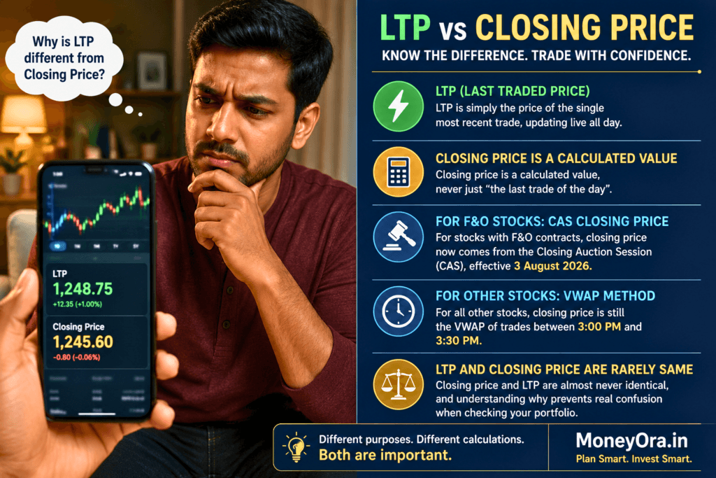 Indian investor comparing closing price vs LTP on a stock trading app