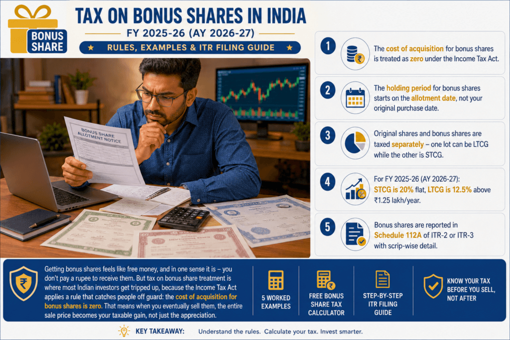 Indian investor calculating tax on bonus shares received from a stock market allotment