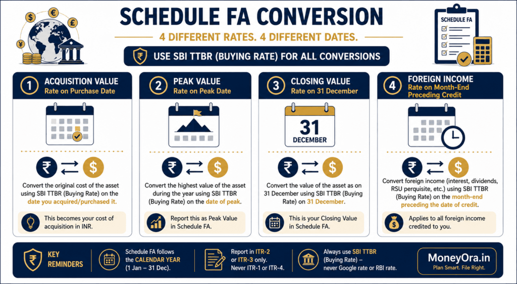 Four different SBI TTBR rate rules for Schedule FA acquisition, peak, closing and income values