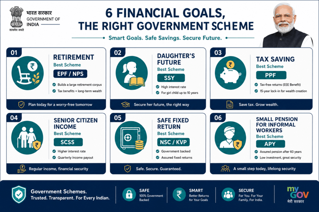 "Decision matrix matching life goals to the right government saving scheme in India - retirement, girl child, tax saving, senior citizens"