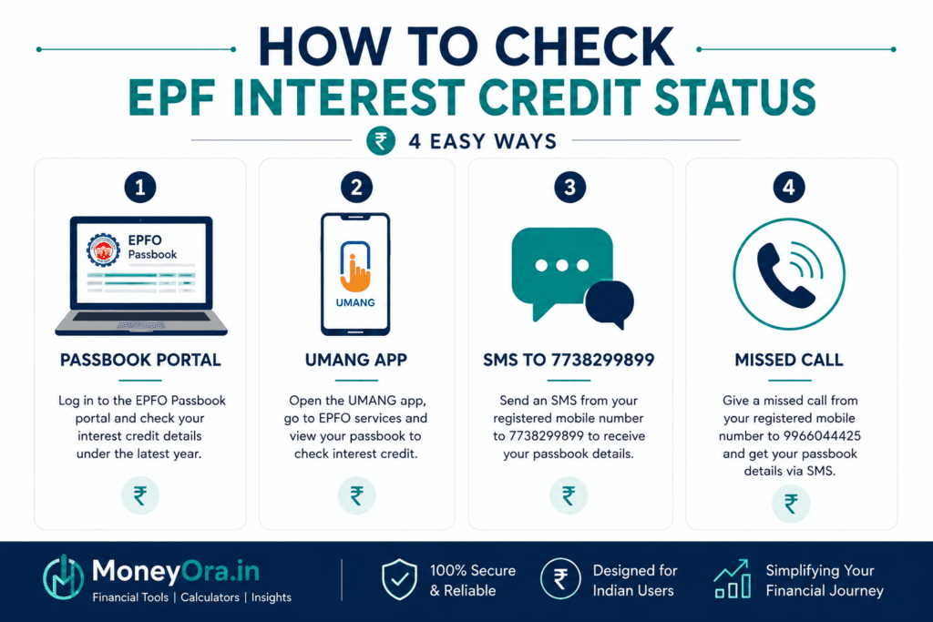 EPF interest credit status check methods — passbook, UMANG, SMS and missed call 2026