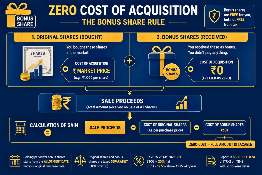 Infographic showing zero cost of acquisition rule for bonus shares under Indian income tax law