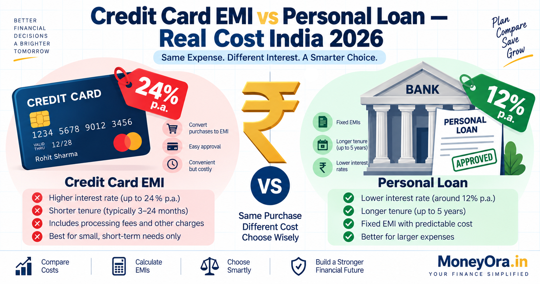 Credit card EMI vs personal loan comparison infographic showing real interest rates in India 2026