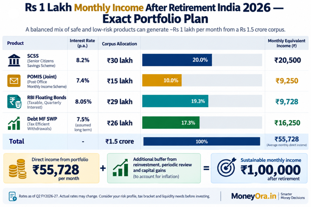 Monthly income after retirement India 2026 portfolio allocation chart showing Rs 1.5 crore split across SCSS POMIS RBI Bonds and Debt MF SWP generating Rs 1 lakh per month