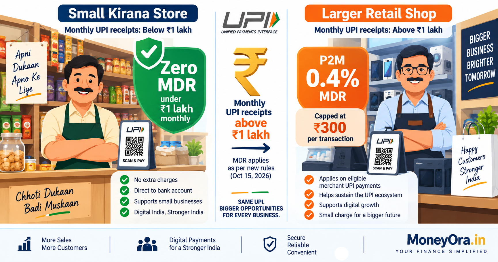 UPI charges 2026 small merchant exemption showing kirana store owners with zero MDR under Rs 1 lakh monthly UPI receipts