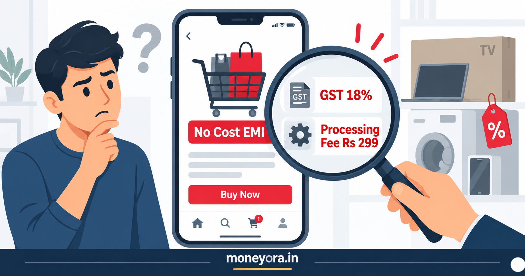 Indian consumer discovering hidden GST and processing fees inside a no-cost credit card EMI offer