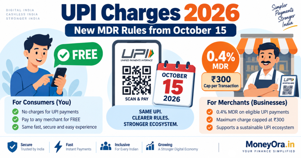 UPI charges 2026 infographic showing NPCI MDR 0.4% rule from October 15 for merchants in India