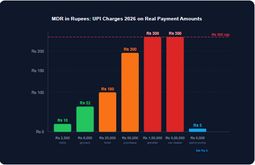 MDR in rupees across payment sizes under the new framework. Rs 300 cap applies from Rs 75000 upward. Petrol pump at Rs 5 flat concessional rate. Source: NPCI MDR Framework Sep 2026. MoneyOra calculations.
