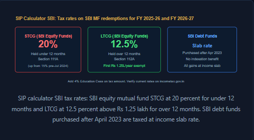 SIP calculator SBI tax rates: SBI equity mutual fund STCG at 20 percent for under 12 months and LTCG at 12.5 percent above Rs 1.25 lakh for over 12 months. SBI debt funds purchased after April 2023 are taxed at income slab rate.